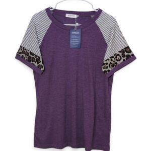 🆕Purple Women's Tee with Striped and Leopard Print Sleeves
